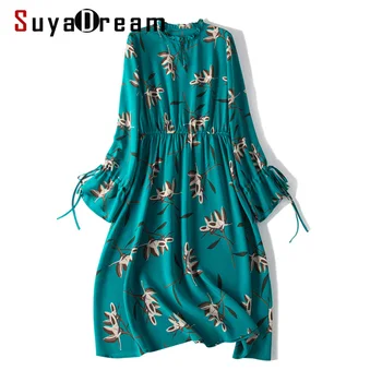 

SD Women Silk Long Dress 100%Silk Crepe Printed Long Sleeved Calf Length Dresses 2020 Spring Summer