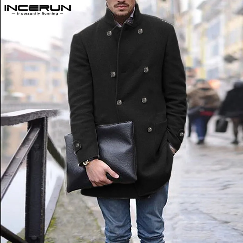INCERUN, британский стиль, элегантные, мужские, одноцветные, двубортные, повседневные, шерстяные пальто, Осенние, теплые, мужские, s, удобные, костюм, воротник, куртки, пальто