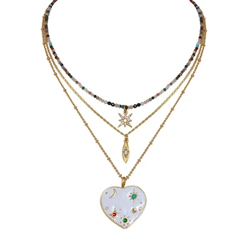 

European and American small crowd design enamel love inlaid natural stone stars sun moon matte color three layer Necklace female