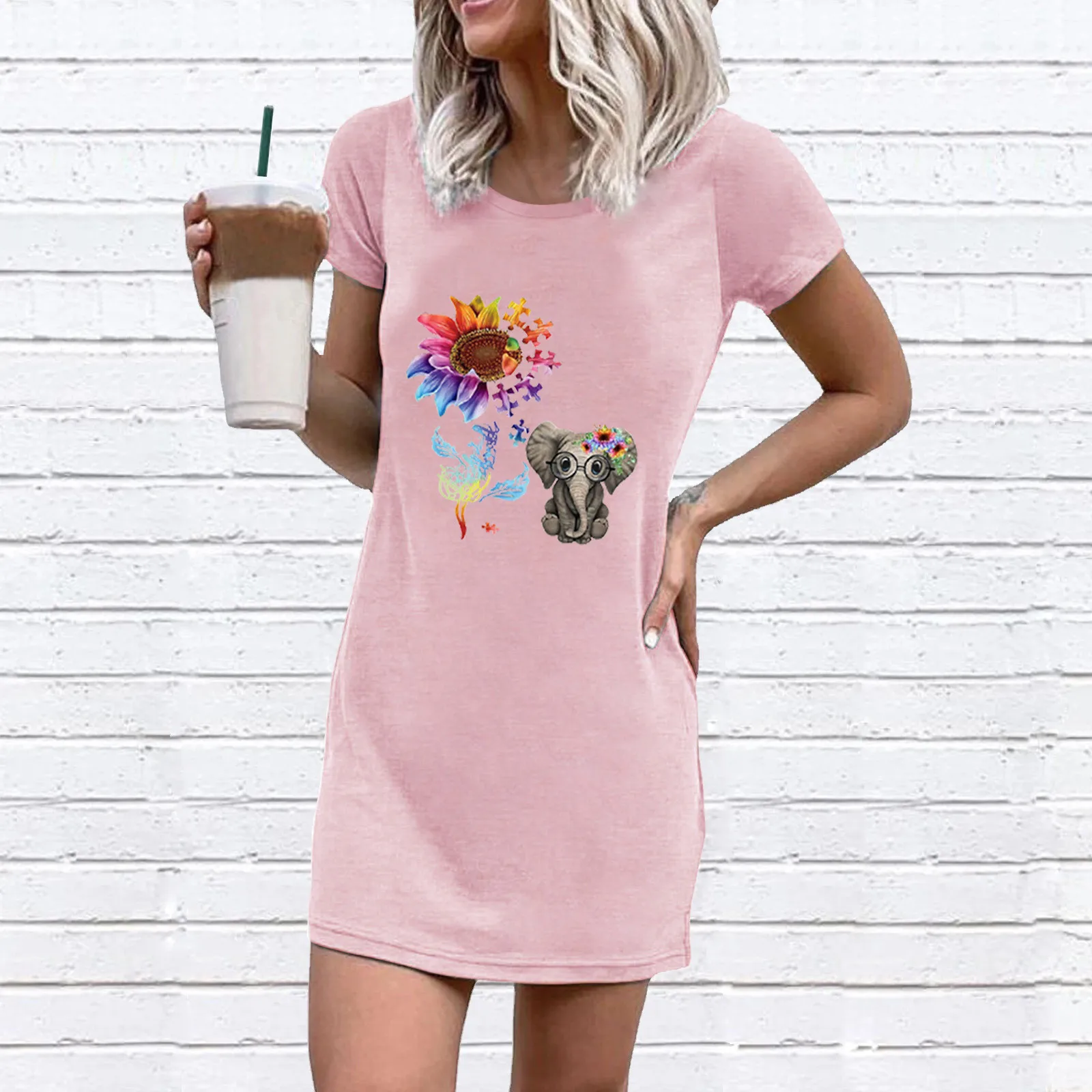 Summer Dress 2021 Fashion Women Casual Dress Baby Elephant Flower Print O- Neck Short Sleeve Dresses For Women 2021 Mini Jurk 1