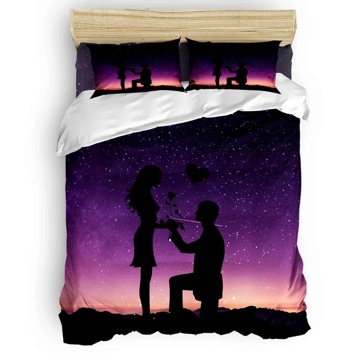 

Valentine'S Day Starry Sky Purple Proposal Silhouette Pattern Duvet Cover Set 3/4pcs Bedding Set Bed Sheet Pillowcases Cover Set