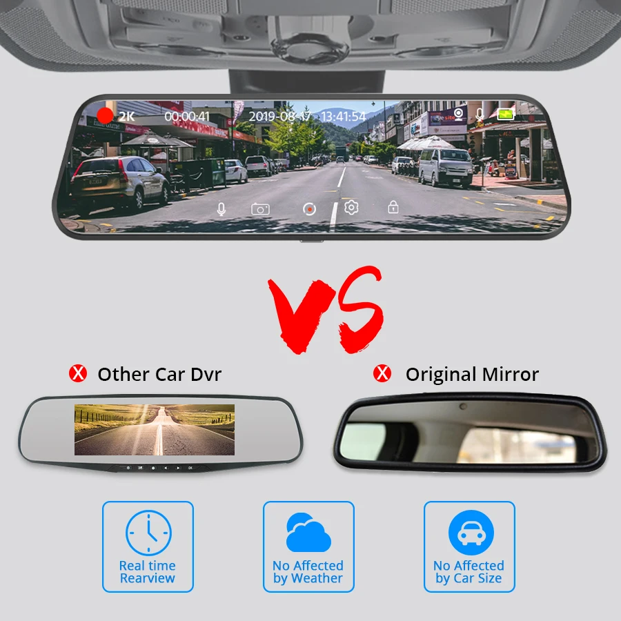 E-ACE A37 Car Dvr 10 Inch Stream Media RearView Mirror 2K Quad HD 1440P Car Camera Night Vision Video Recorder Dual Lens Dashcam