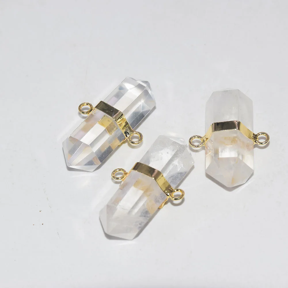 

Natural Clear Crystal Quartz Connector hexagonal Jewelry Making Women 2020 Gold Bezel pendulum Large Stone Pendants for Female