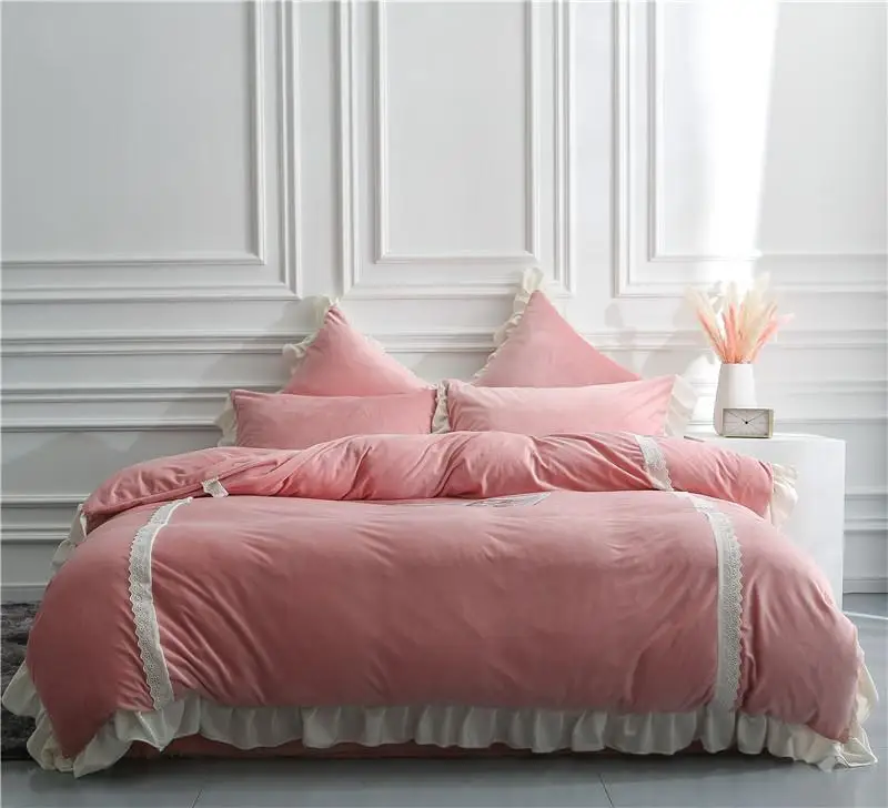 Pink Grey Fleece Winter Duvet Cover Set 4Pieces Luxury Soft Warm Bedding Set with Buttons Closure Flat Bed sheet Pillowcase - Цвет: Color 2