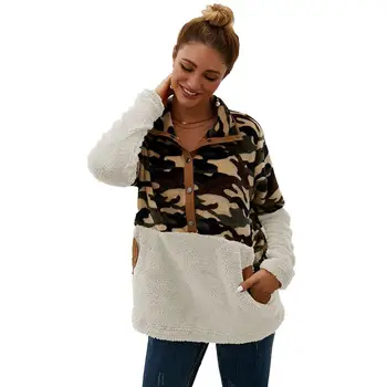 

Women Fleece Soft Sweatshirt Casual Patchwork Female Hoodies Coat Turn-Down Collar Warm Print Sweatshirt