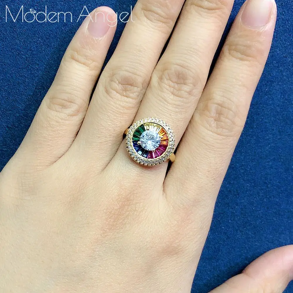 ModemAngel Rainbow Color Luxury Party Statement Stack Rings For Women Wedding Cubic Ziron CZ Wedding Dubai Bridal Finger Ring - Main Stone Color: number3