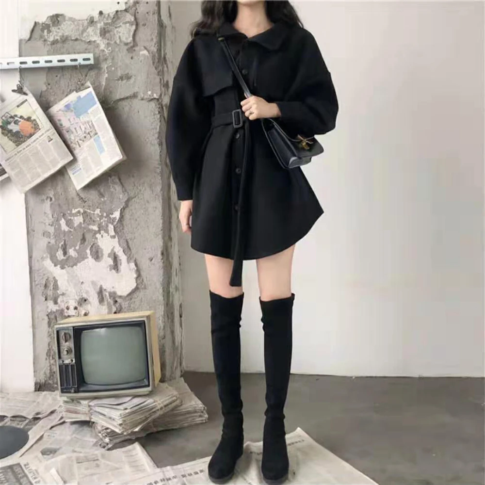 Женское осенне-зимнее черное длинное шерстяное пальто из смешанной ткани, тонкое пальто с поясом, плащ с отложным воротником