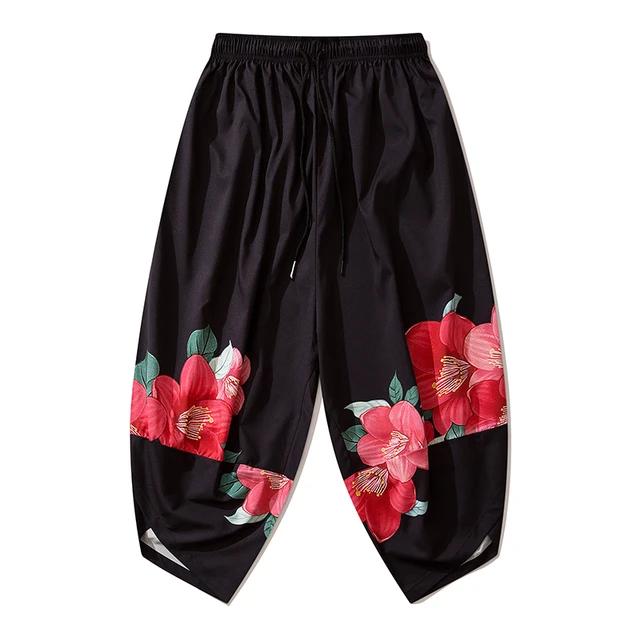Bebovizi 2020 Japanese Style Harajuku Men Trousers Sakura Samurai Costume Loose Fashion Women Traditional Bloom Pants Haori 1601