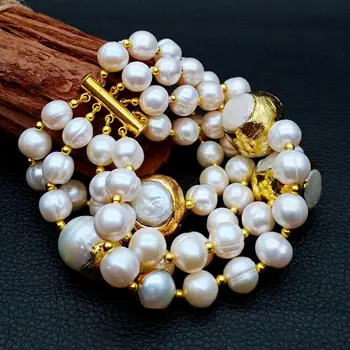 

4 Strands Freshwater Culture White Pear Golden Plated Bracelet 8"
