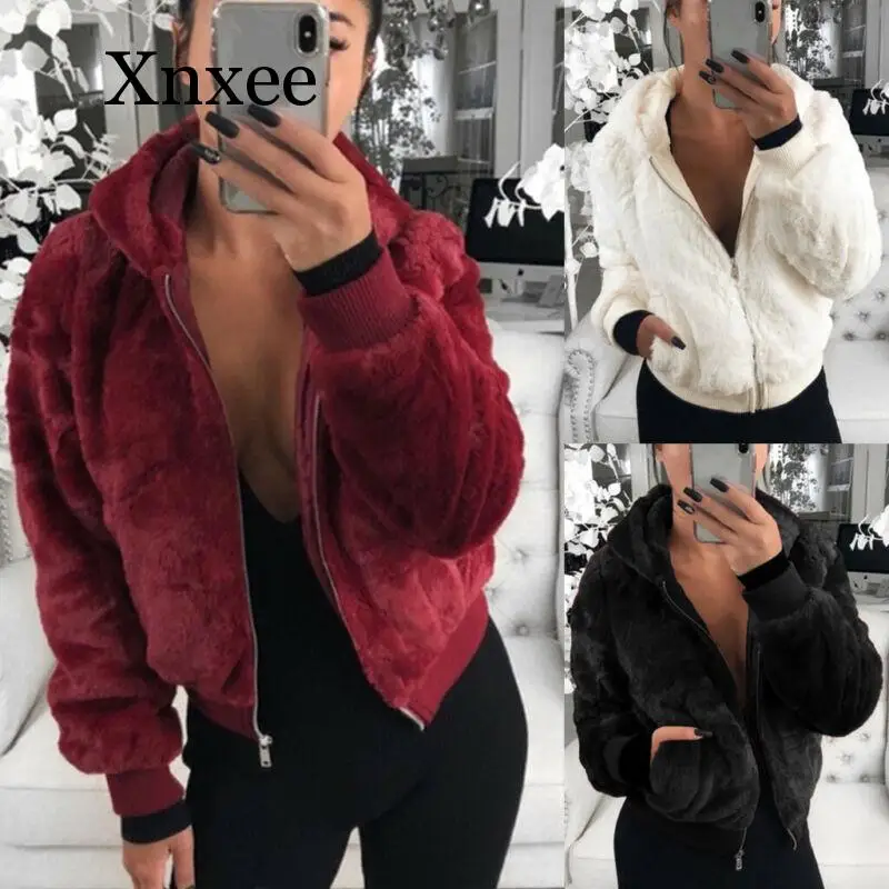 

Women Ladies Long Sleeve Slim Pocket Zipper Short Clothing Fluffy Cropped Coat Jackets Faux Fur Winter Warm Plush Outerwear