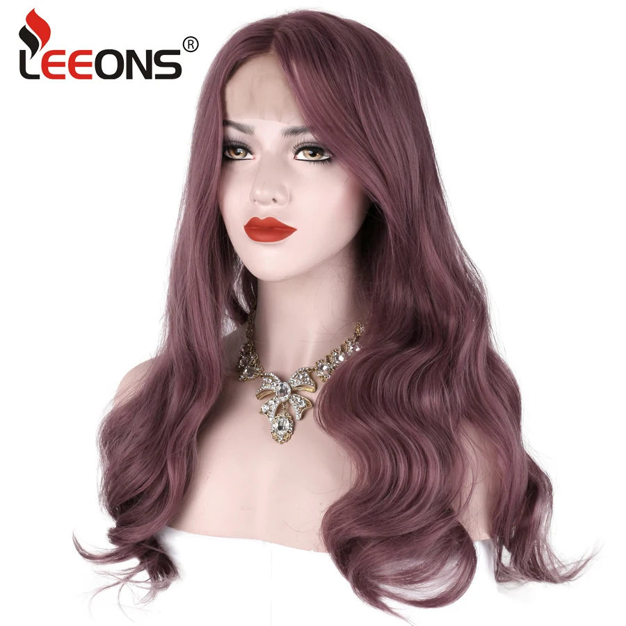 

Leeons 24-28inch Black Middle Part Synthetic Boday Wave Lace Front Wig For Women Violet Gray Wave Lace Long Glueless Hair Wig