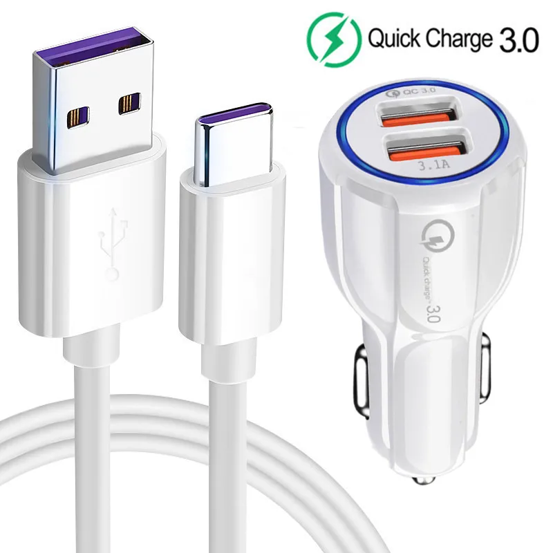 Быстрая зарядка QC 3 0 Автомобильное зарядное устройство USB адаптер 5А Тип C кабель