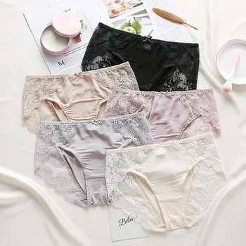 

2020 New Natural Mulberry Silk Lace Mid-waist Panties Comfortable and Breathable Silk Briefs Sweet Japanese String Femme Panties