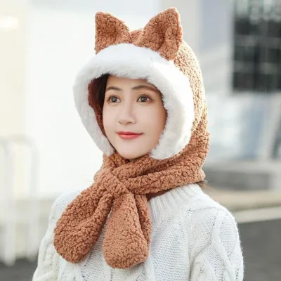 HANGYUNXUANHAO зимняя женская шапка с милыми кошачьими ушками Толстая зимняя Круглая Шапочка без полей модная женская меховая шапка с пальто с искусственным мехом вязаная шапка - Цвет: khaki