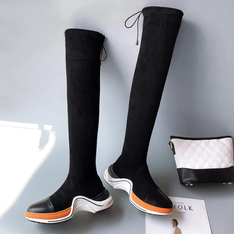 

2022 Stylish Woman Ankle Black Shoes Elegant Mid-calf/Thigh High Thick Sole Elastic Knight Boots Round Toe Lace up Boots