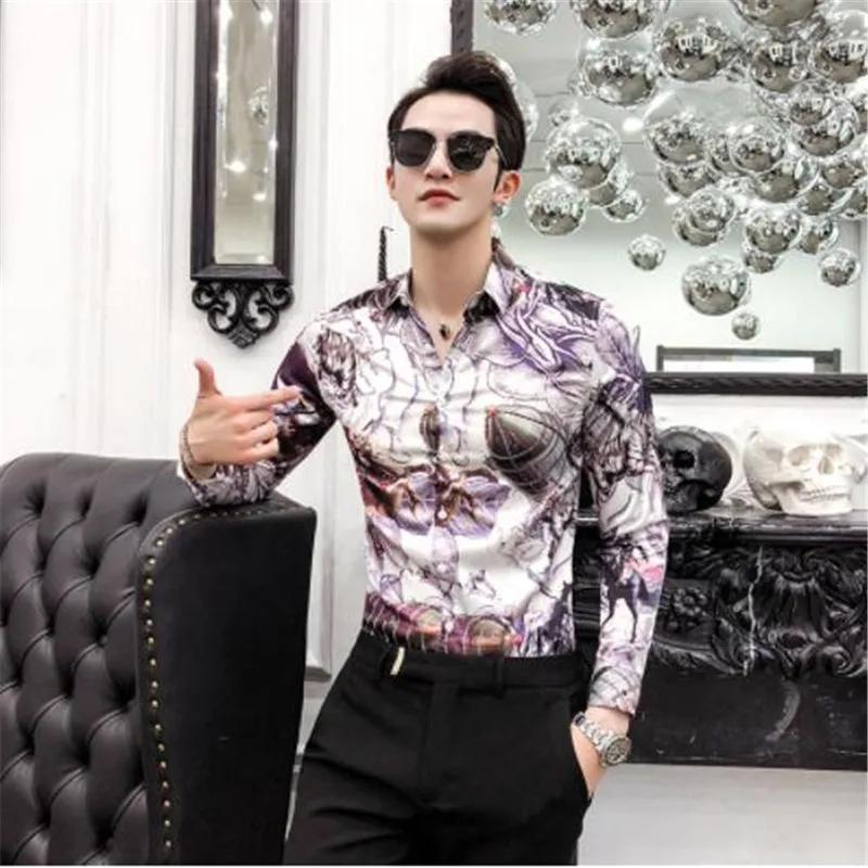 Роскошные Дизайнерские рубашка с принтом Для мужчин Slim Fit с длинными рукавами Camisa Masculina золотистый и черный Сорочка мужская, для общественных мест Для мужчин клуб нарядная рубашка
