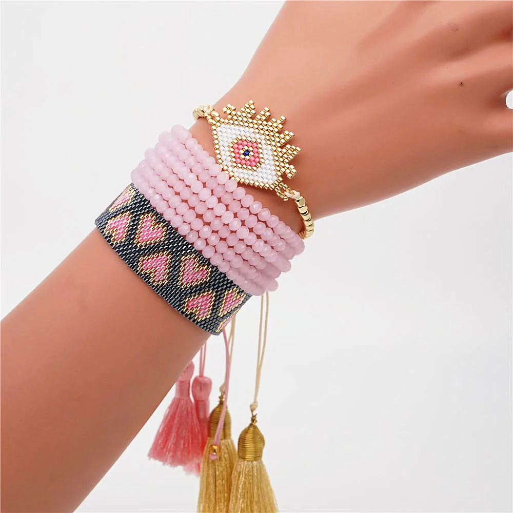 Shinus MIYUKI браслет evil eye розовый браслет с сердцем Miyuki Joyeria летние ювелирные изделия с кисточками Pulseras Mujer Moda Boho ручной работы
