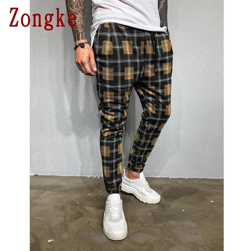 Zongke клетчатые мужские штаны для бега брюки Мужские штаны уличная тренировочные штаны-шаровары штаны, мужские брюки XXXL хип хоп Осень новинка