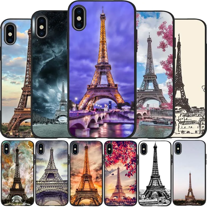Черный силиконовый чехол с изображением Эйфелевой башни для iPhone 12 XR XS Max 5 5S SE 2020 6 6S