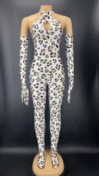 Printing Hollow Out Fashion Design Sexy Pattern Jumpsuit Gloves Costume Party Female Singer Stage Nightclub Performance Wear