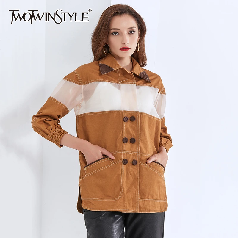 

TWOTWINSTYLE Patchwork Hit Color Jacket For Women Lapel Collar Lantern Long Sleeve Loose Large Size Jackets Female 2020 Clothing