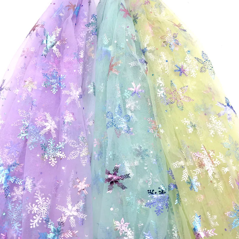 150cmx100cm Colorful Snowflake Soft Tulle Fabric Princess Dress Glitter Fabric New Year Organza Printed Bronzing Fabric
