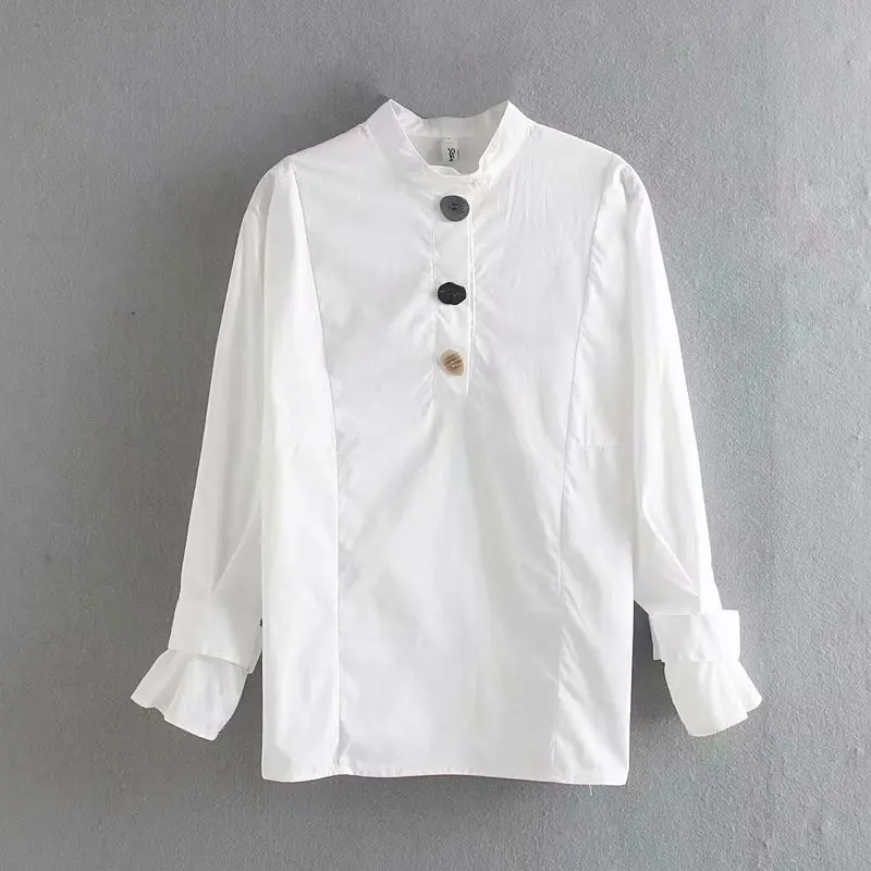 

NoEnName_Null 2020 Women Simply Irregular Buttons Decoration Casual Blouse Office Lady Stand Collar Shirts Leisure White Tops 5c