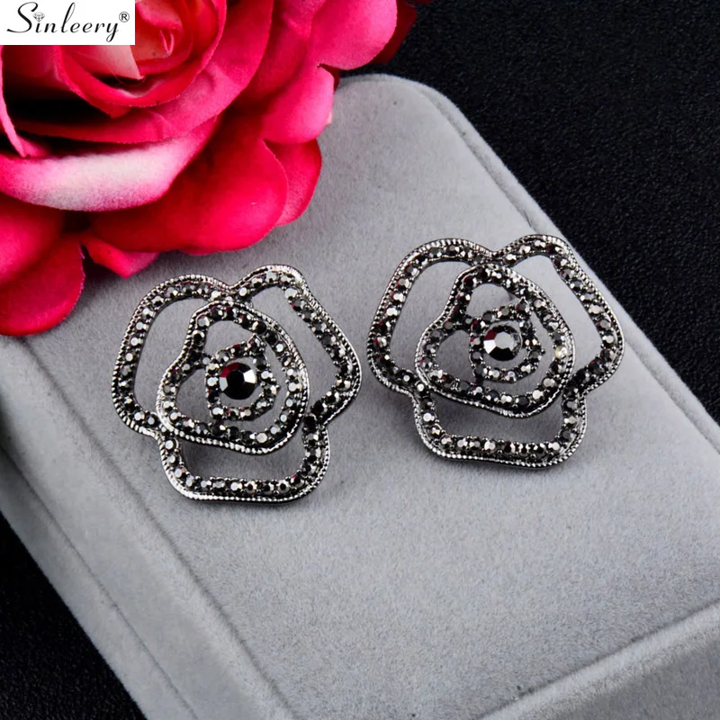 SINLEERY, винтажные большие полые розы, цветы, серьги-гвоздики с фианитом для женщин, серебро/черный цвет, вечерние ювелирные изделия ES108 SSH