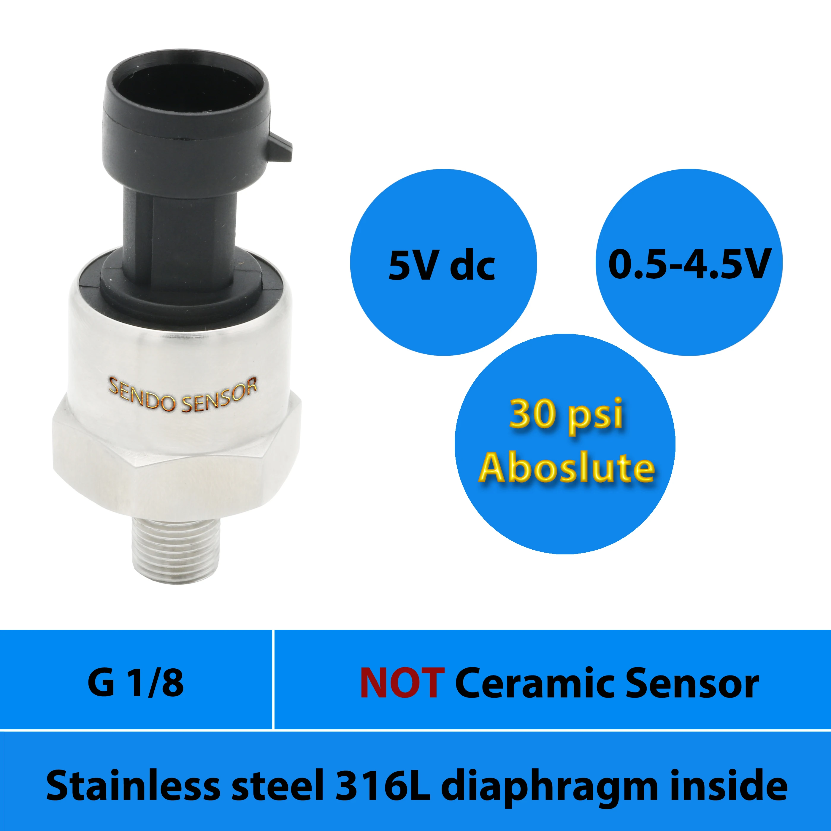 30psi absolute pressure sensors, 5Vdc supply, IP65, 2 bar, 200 Kpa, 0.5