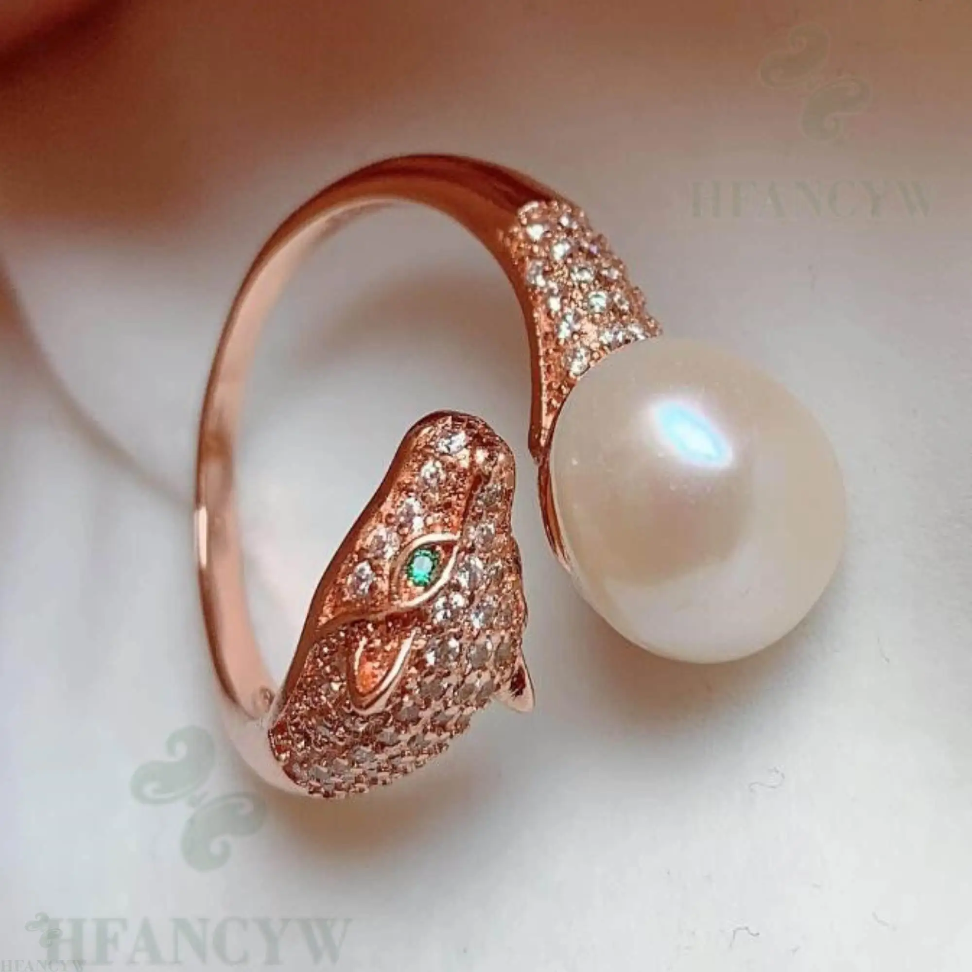 

White Baroque Pearl Zircon Leopard Head Open Adjustable Ring Flawless Jewelry Teardrop Gorgeous Hand-made Mesmerizing Gift