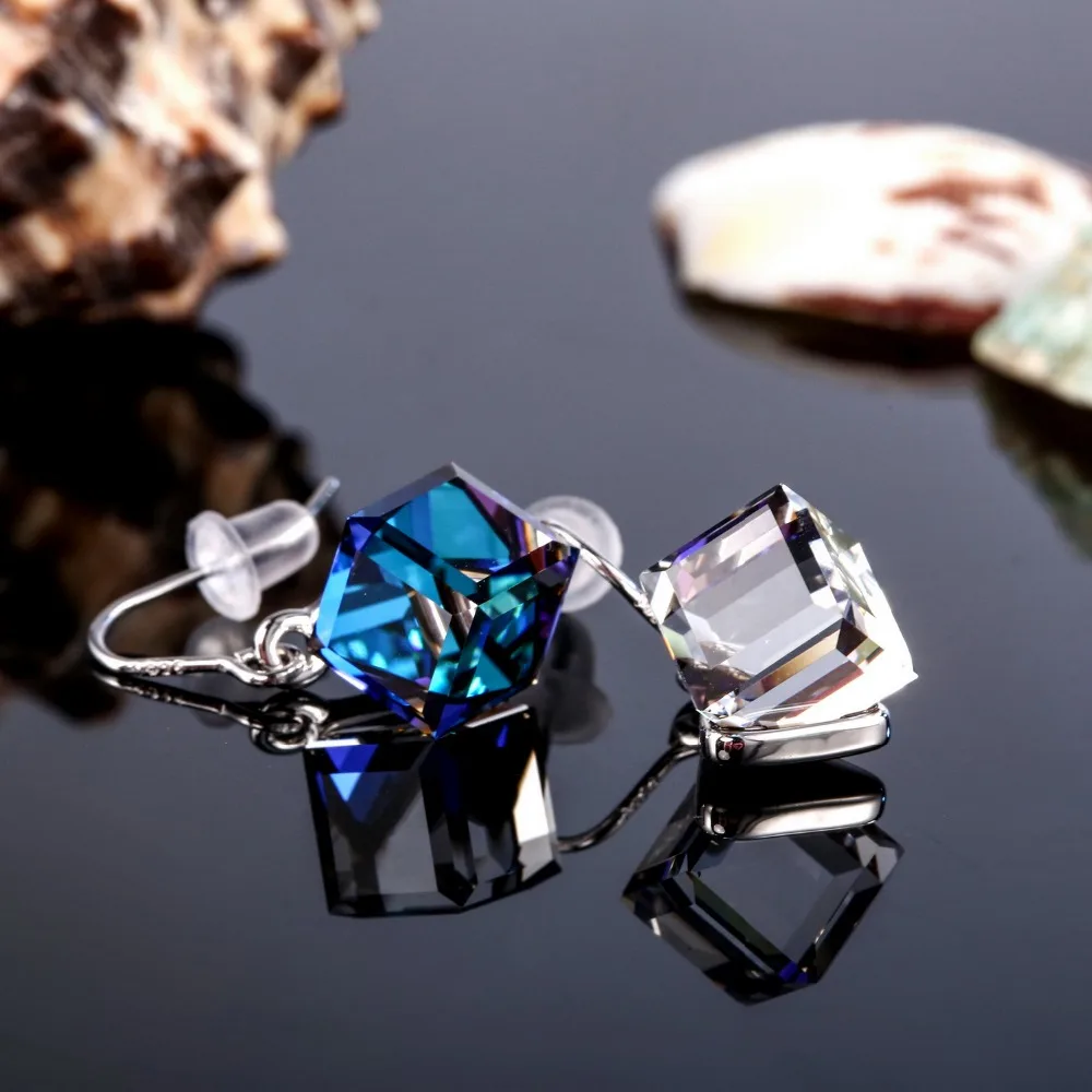Женские серьги подвески с кристаллом Swarovski из серебра 925 пробы квадратным кубом