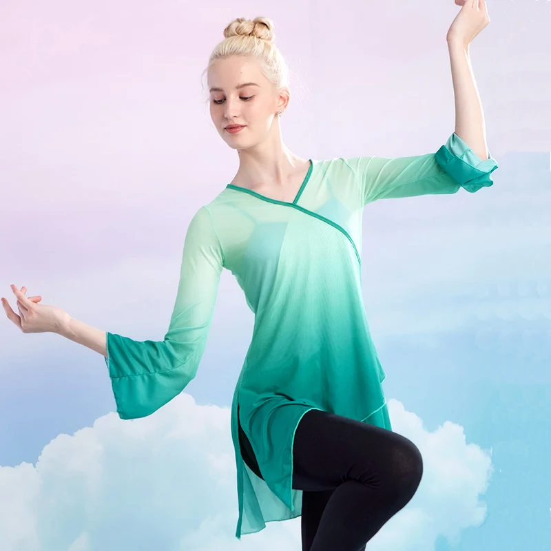 

Women Gradient Yoga Tops Plus Size Elastic Clothing Long Flare Sleeve Shirt Stretchy Mesh Home Yoga Dance Blouse Tops