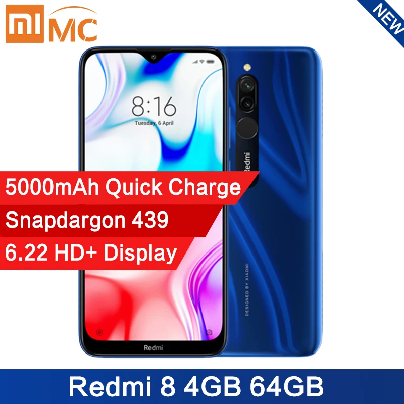 Мобильный телефон Xiaomi Redmi 8 с глобальной версией, 4 ГБ, 64 ГБ, 5000 мА/ч, 6,22 мА/ч, HD дисплей, Восьмиядерный процессор Snapdragon 439, 12 МП, камера AI, мобильный телефон CE