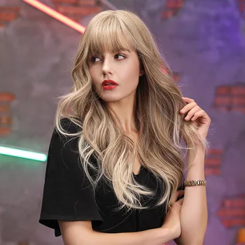 

22 inch Long Wavy Wigs with Bangs Light Brown Heat Resistant Fiber Wigs for Women KG66