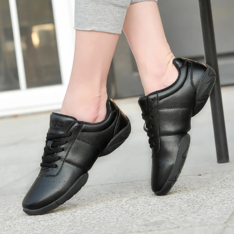 Women Genuine Leather Jazz Dance Shoes Soft Outsole Heighten Breathable Sneakers 