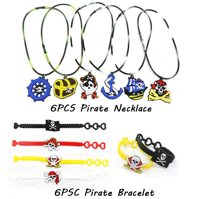6PCS and 6PCS Пиратский выбор для детского праздника Татуировка Пиратская повязка на глаз/брелок/кольца/ожерелье Капитан Дети Хэллоуин принадлежности для пиратской вечеринки декор - Цвет: 6PCS and 6PCS