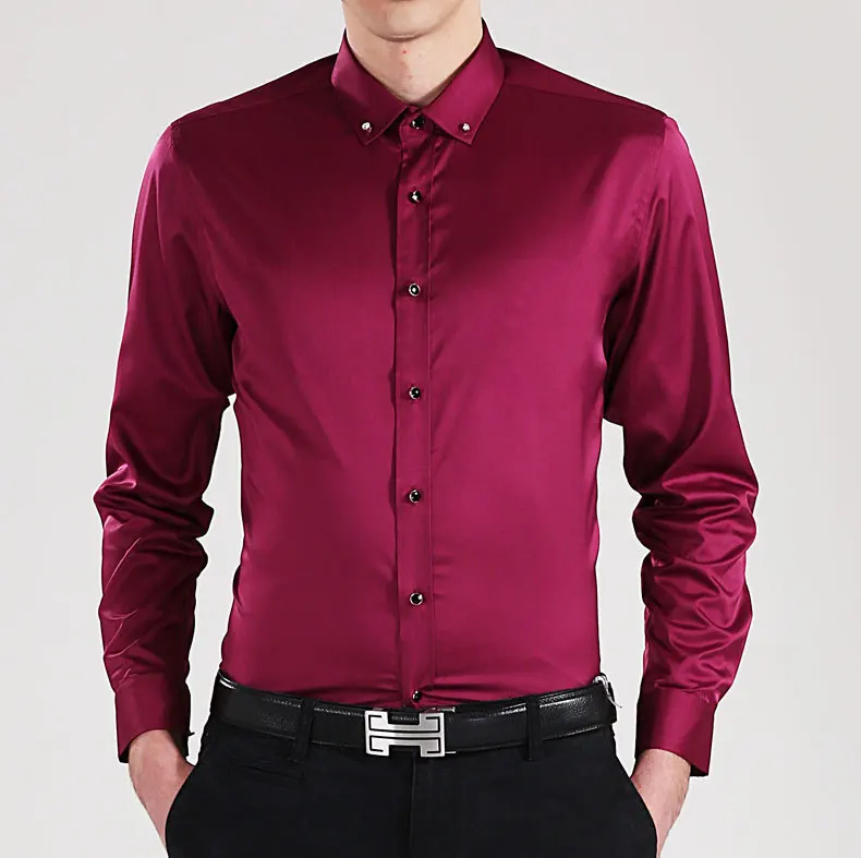 Men Long Sleeve Plaid Dress Shirts Party Formal Turn Down Slim Fit Casual Camisa Masculina