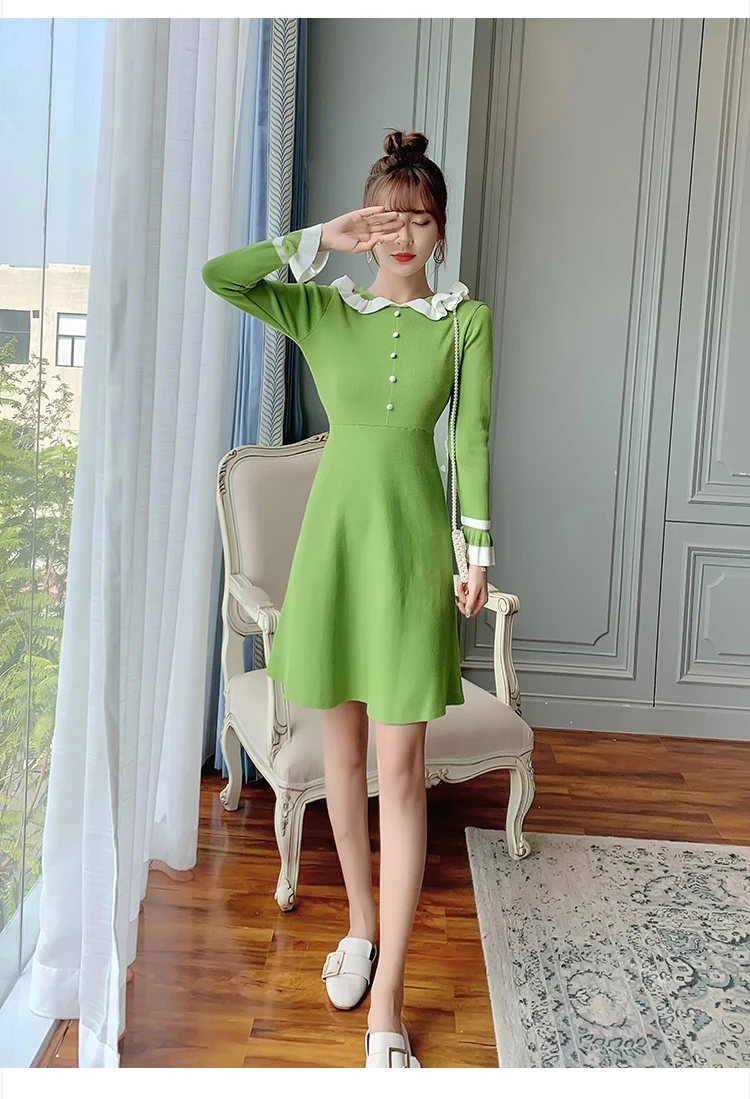 Jielur Langarm Gestrickte Kleid Warme Puppe Kragen Elegante Frauen Herbst Winter Mode Schlank Süße Schwarz Grün Pullover Kleider – Detail 10