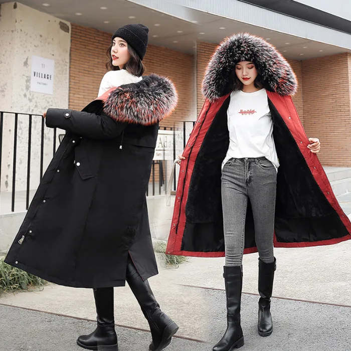 

2019 Winter Lambs Wool Inner Wearing Removable Korean-style Cotton Coat Women's Mid-length Large Fur Collar Students Cotton-padd