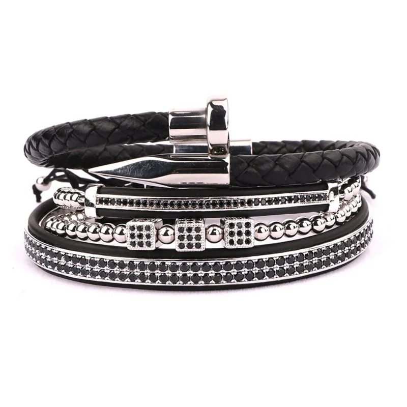 Luxury Men Bracelet Set Stainless Steel Nail Bangle CZ Pave Brass Adjustable Bracelet Bangle For Men - Image 6