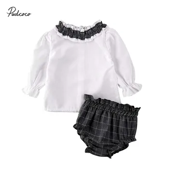 価格 2020 春秋のベビー衣料品新生児幼児ガール服シャーリングネック長袖チェック柄ショーツパンツアウトフィット 0-18 メートル