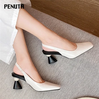 

2020 PENUTA Genuine Leather Shoes Woman High Heel Square Toe Ladies Mary Jane Shoes Strange Slingback Heels Korean Style G0075