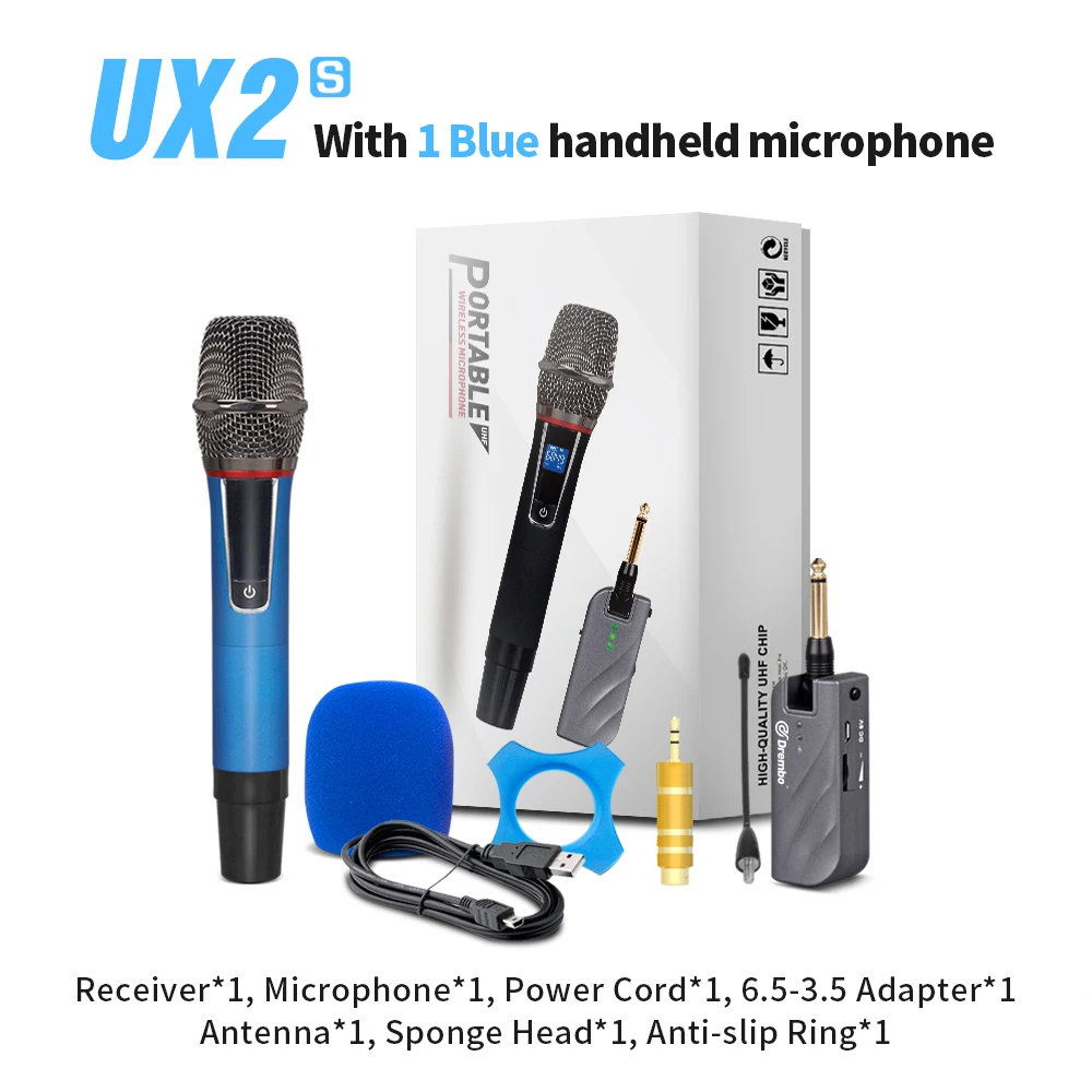 1 Handheld-Blue Подключи и работай! Drembo UX2S mini 2 канальный переносной беспроводной микрофон с ручной UHF с регулируемой частотой для караоке - Цвет: 1 Handheld-Blue