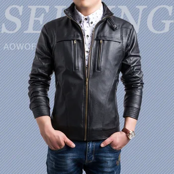 

Pockets Winter Jacket Men Stand Faux Leather Jacket England Style Bomber PU Leather Jacket