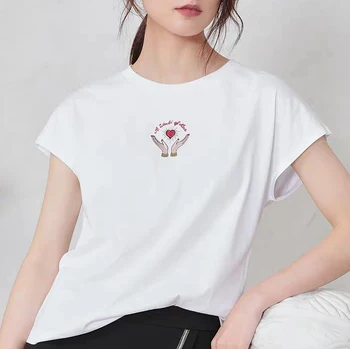 

Embroidery pattern women T-shirt Short sleeve O-neck white T-shirt top