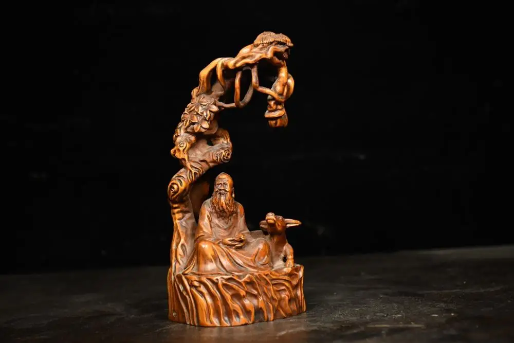 

Home Decor 6" China Collection Old Boxwood Statue of Laozi riding a bull Carved saint Lao Tzu sitting under a tree meditating