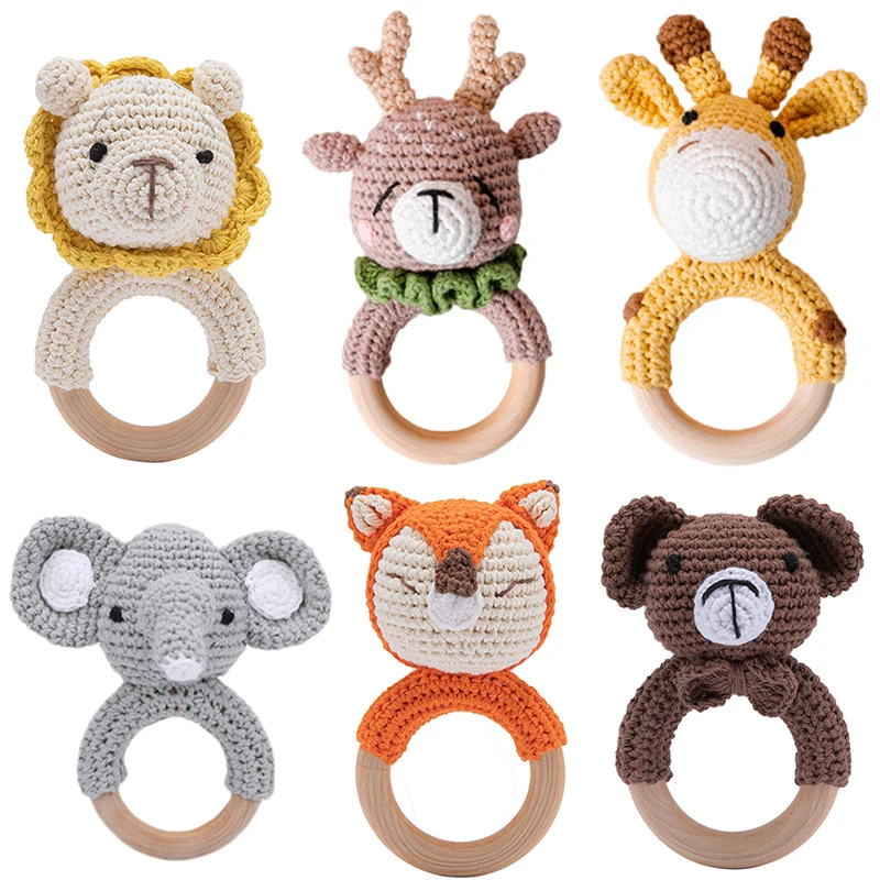 Wooden Rattle-Toys Crochet Newborn Gift Name Fox-Beartoy Custom Baby Rabbit-Lion Pattern