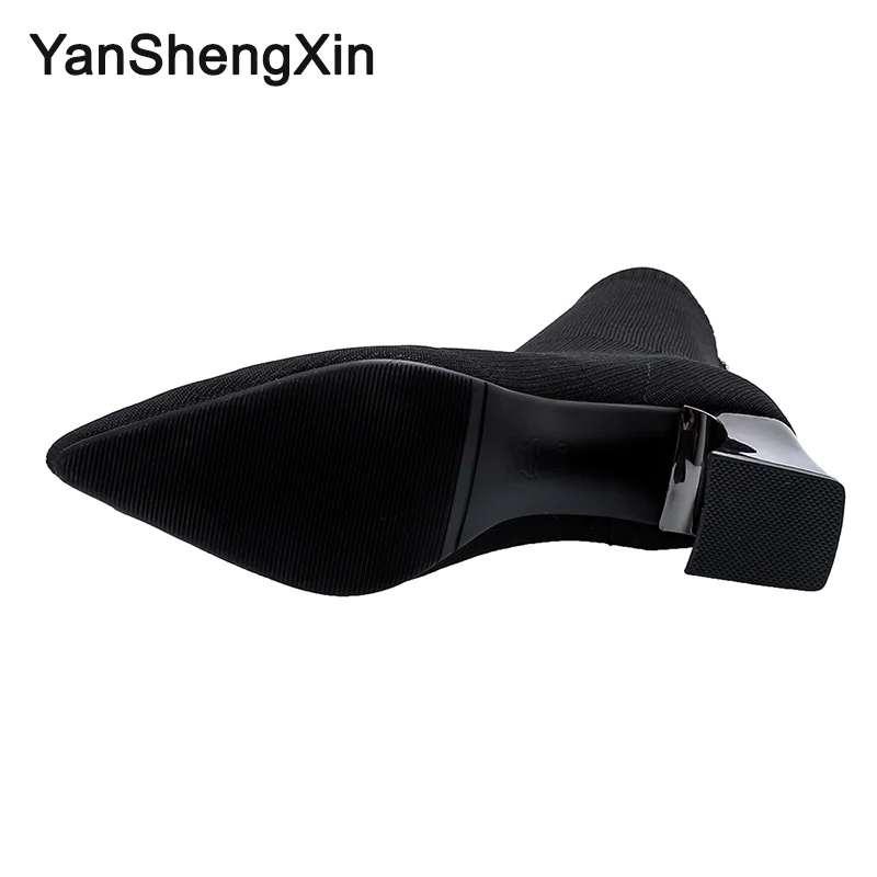 YANSHENGXIN/обувь; женские ботинки; эластичные носки; ботинки до середины икры; модная женская обувь с острым носком; ботинки осень-зима; женские ботинки