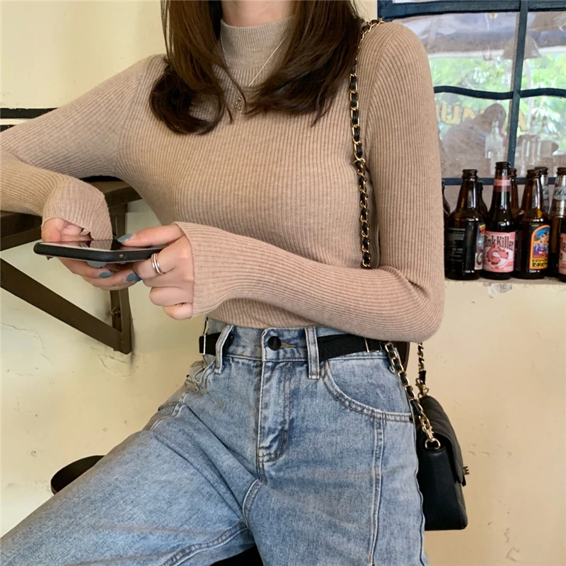 

All-Match Half Turtleneck Sweater Bottoming Shirt Tops Slim Autumn And Winter Long-Sleeved Sweater Women