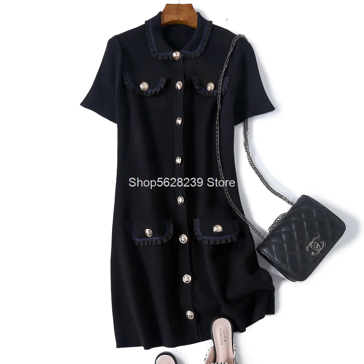 

College Wind Cardigan He Ben Short Sleeve Dress 2020 Season Auricularia Auricularia Edge Doll Collar Temperament Knitting Short